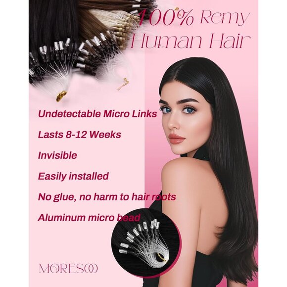 Micro Link Hair Extensions Human Hair Straight 24 Inch BLACK Volume - Picture 2 of 9